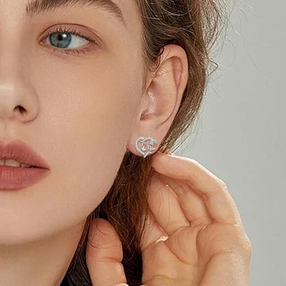 Sterling Silver Heart Stud Earrings with Cubic Zirconia, Rose Butterfly Design, - Picture 4 of 6